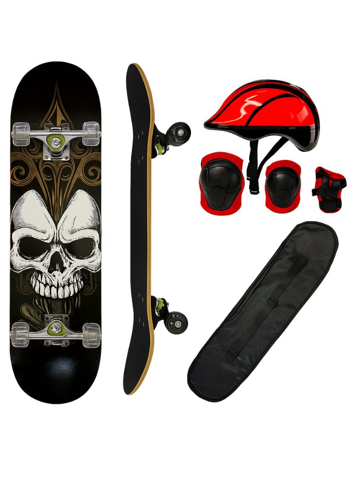 Skate Completo Semi Profesional Scooter Madera + Casco + Protecciones + Bolso – Calavera